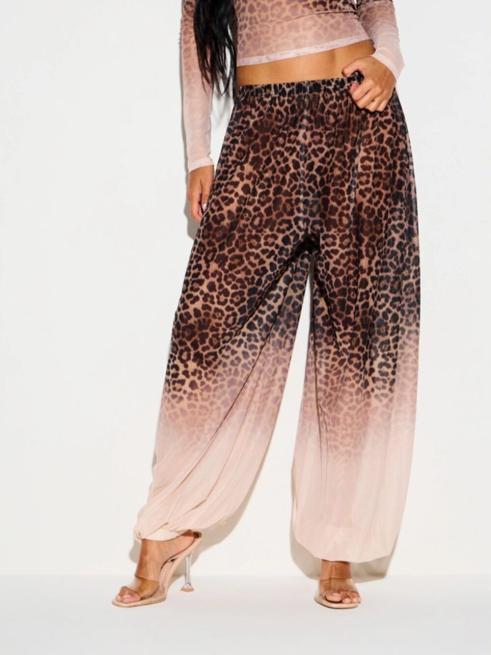 Tan Digital Leopard Print Sheer Wide Leg Pants - Ombre Fade - Picture 5 of 5